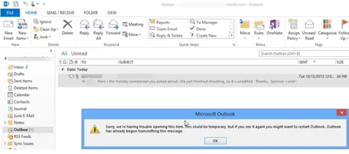 yahoo email stuck in outlook outbox