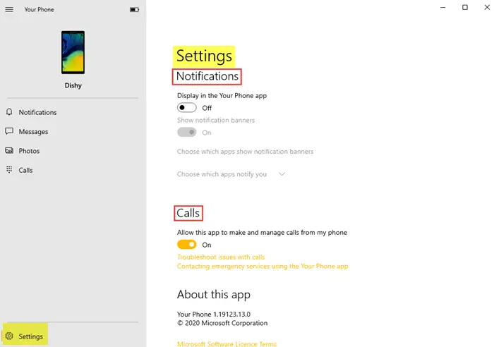 Phone Settings in Windows 10