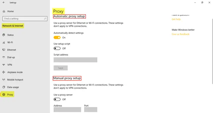 Network and Internet Settings in Windows 10