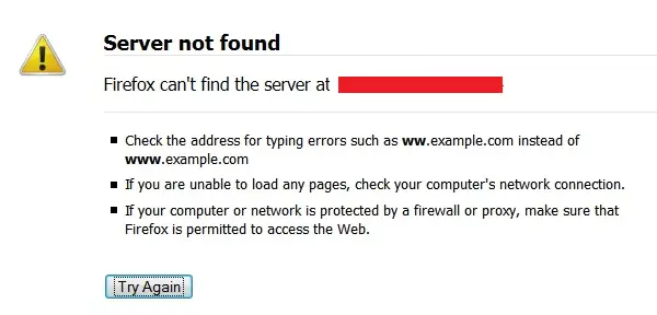 Server not found error on Firefox