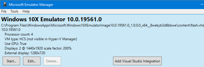 Start Microsoft Emulator Windows 10X