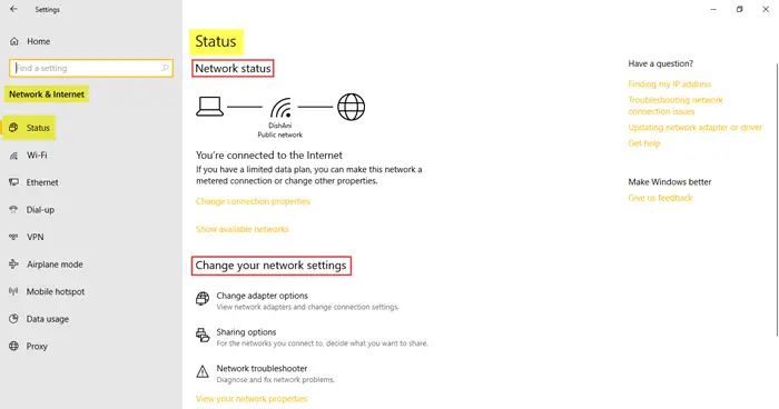 Network and Internet Settings in Windows 10