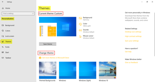 Personalization settings in Windows 10