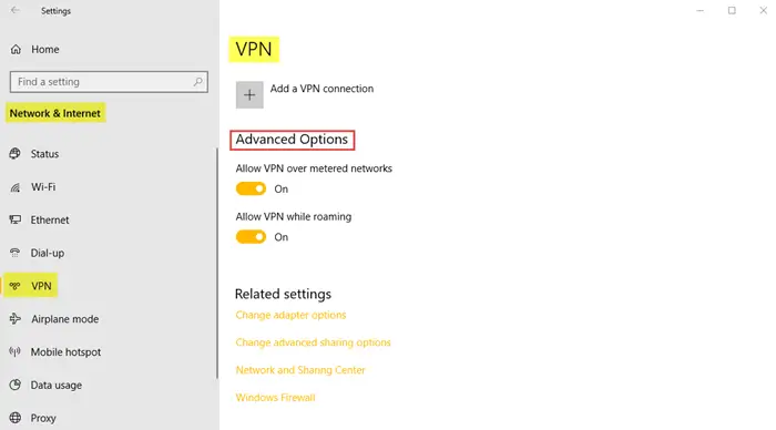 Network and Internet Settings in Windows 10