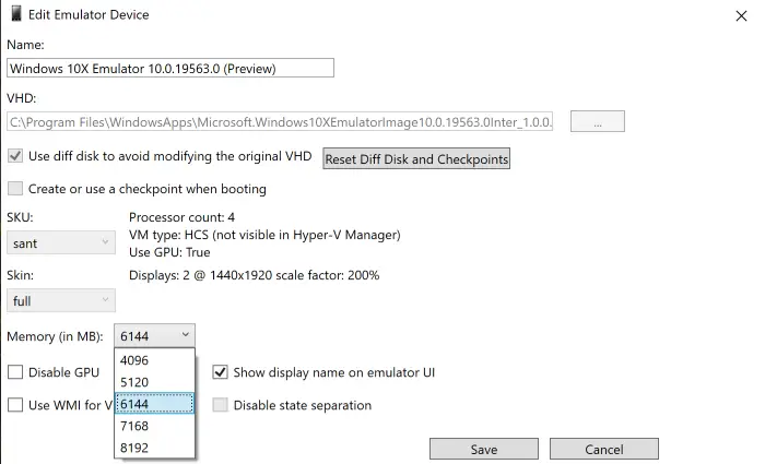 Edit Microsoft Emulator Image Settings