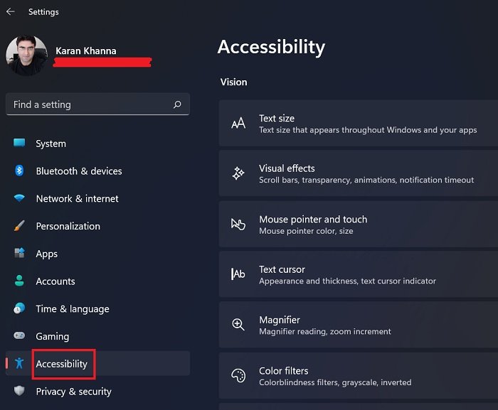 Windows 11 Accessibility settings