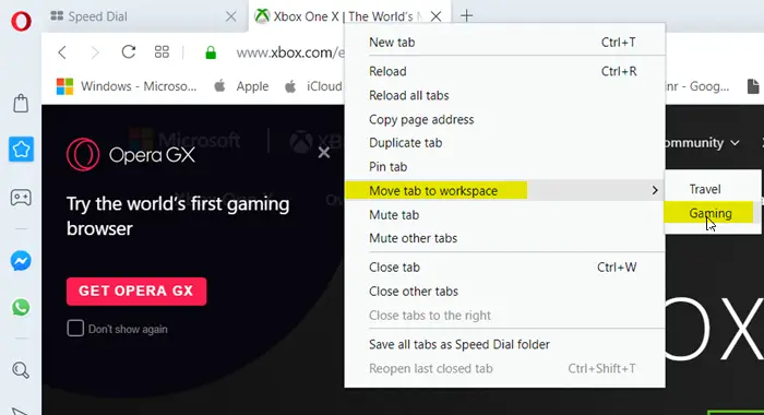 How to use Workspaces Tab Grouping feature in Opera browser