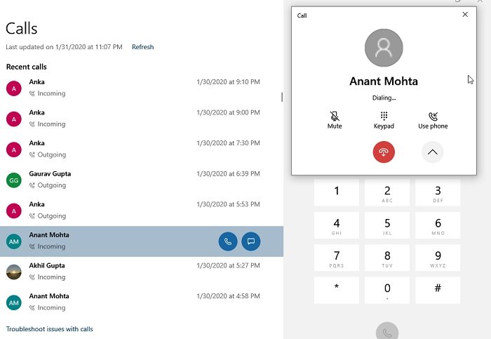 Your Phone Make Call using Dial Pad Windows