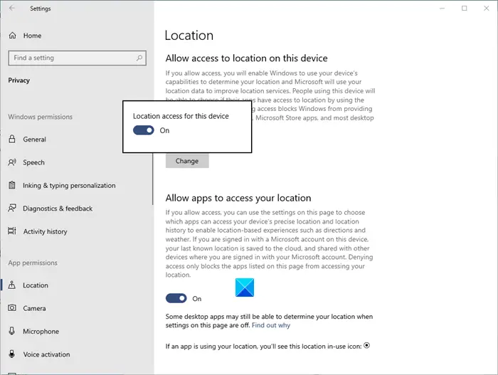 your location is currently in use windows 10