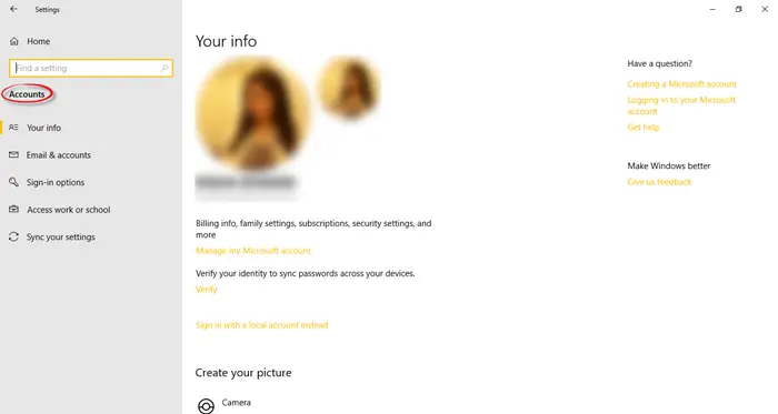 Accounts Settings in Windows 10