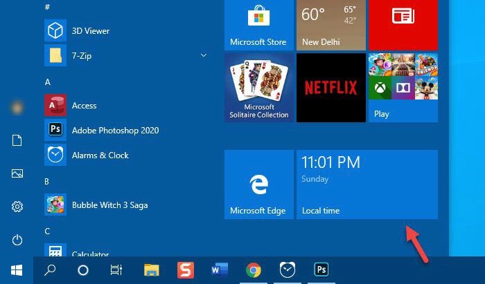 add a clock to Start Menu using Alarms & Clock app