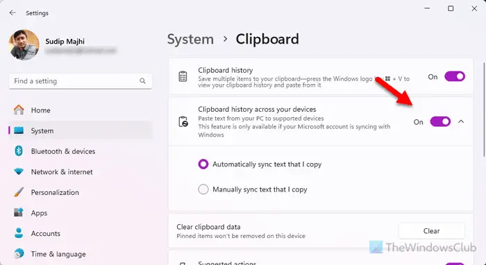 Enable or disable Clipboard Sync across devices in Windows 11/10