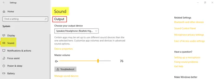 System Settings in Windows 10