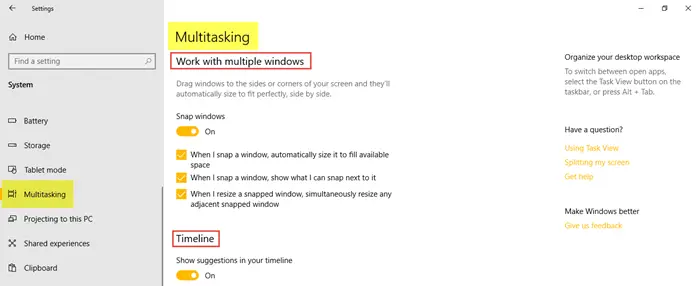 System Settings in Windows 10