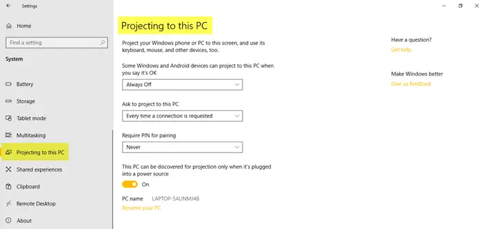 System Settings in Windows 10