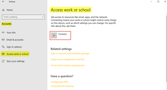 Accounts Settings in Windows 10