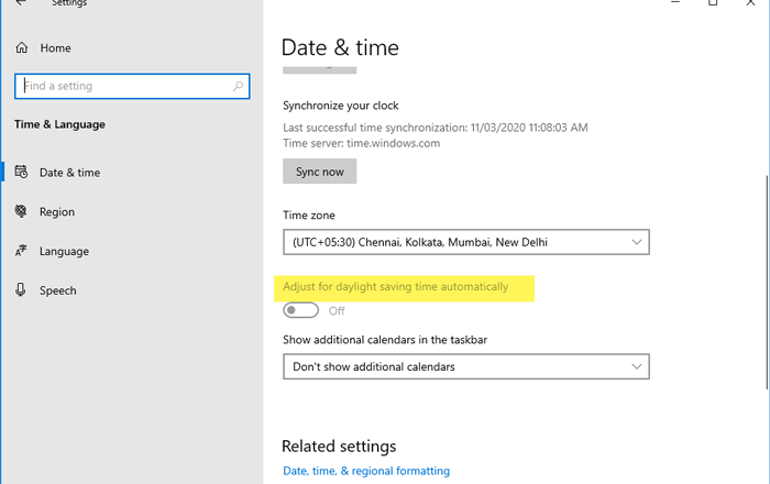 Adjust for daylight saving time automatically is grayed out