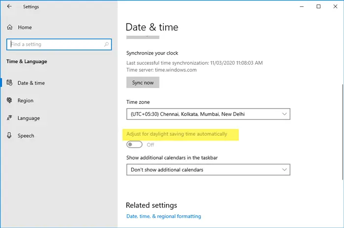 Adjust for daylight saving time automatically is grayed out