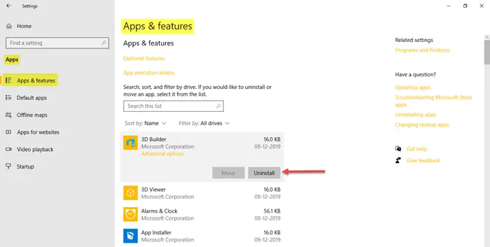 Apps & features Settings in Windows 10
