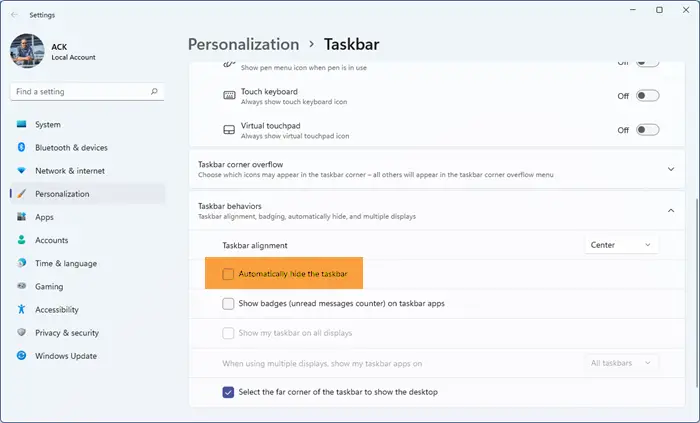 Auto Hide Taskbar in Windows 11
