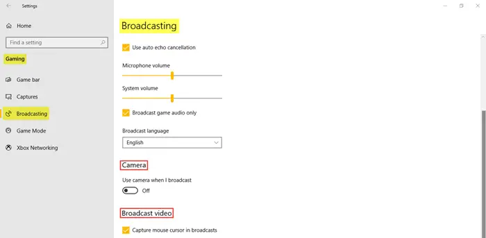 Gaming Settings in Windows 10