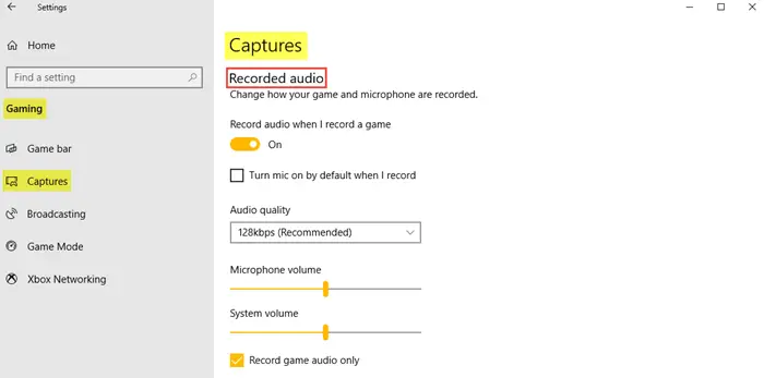 Gaming Settings in Windows 10