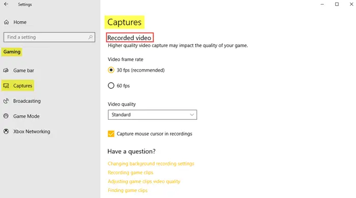 Gaming Settings in Windows 10