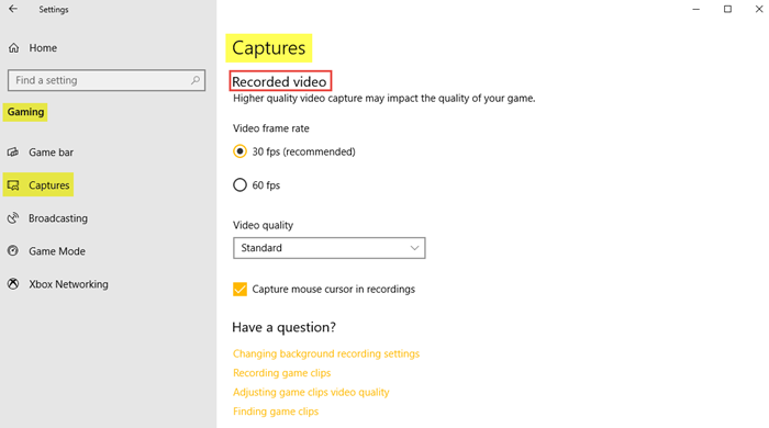 Gaming Settings in Windows 10