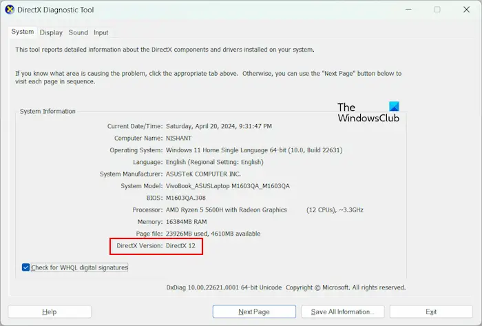 Check DirectX version installed on Windows