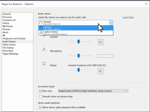 change Audio & Video settings in Skype for Business