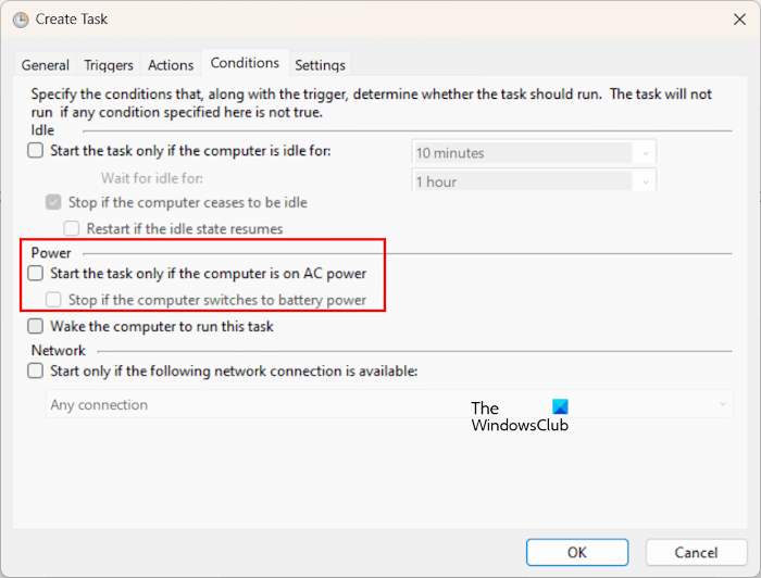 Configure Conditions tab Task Scheduler