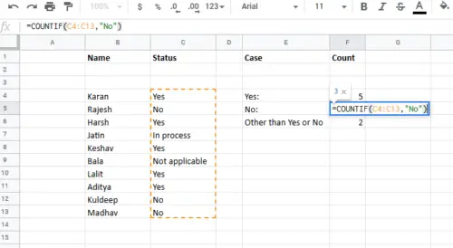 Count number of No entries in Excel