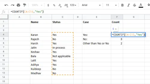 Подсчитайте количество записей Да в Excel