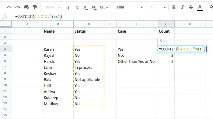 Count number of Yes entries in Excel
