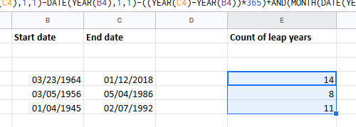 Count number of leap years between two dates in Excel