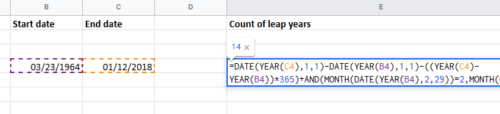 Count number of leap years between two dates in Excel