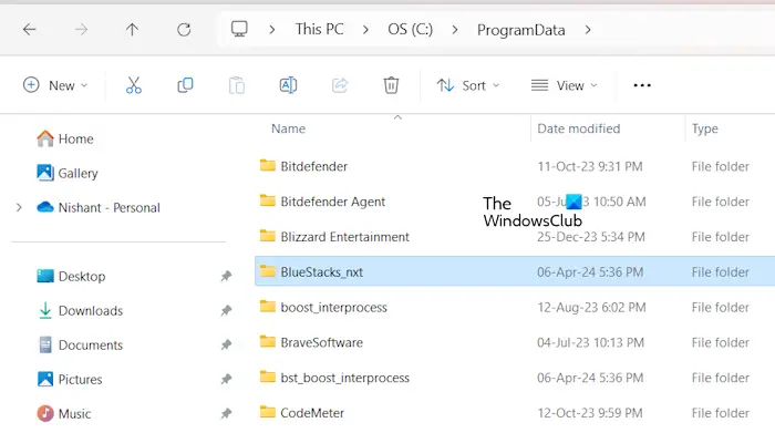 Delete BlueStacks folder from ProgramData