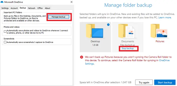 Disable Manage Backup OneDrive
