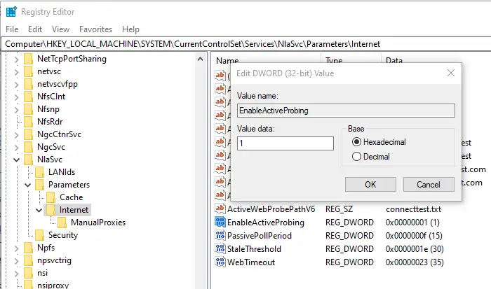 remove msftconnecttest redirect error via Registry