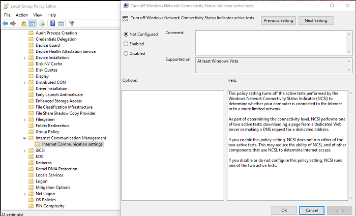 remove msftconnecttest redirect error via Group Policy