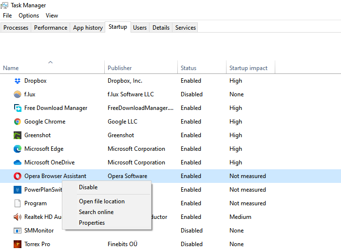 Disable Opera Assistant Task Manager