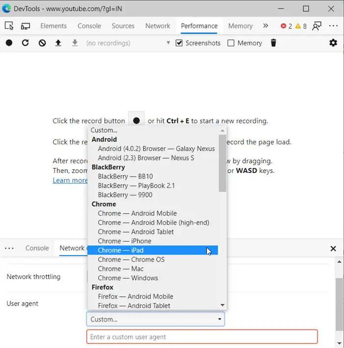 Change User Agent, Geolocation in Edge Developer Tools