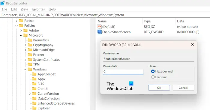 Enable disable SmartScreen through Registry