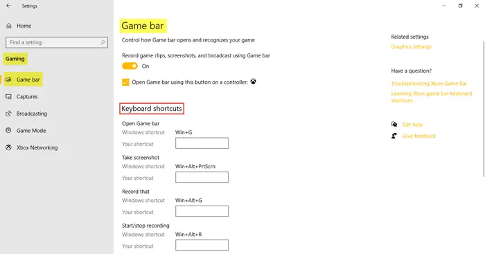 Gaming Settings in Windows 10