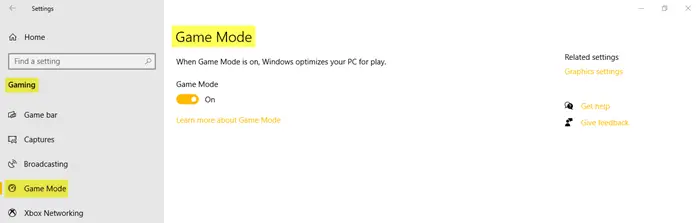 Gaming Settings in Windows 10