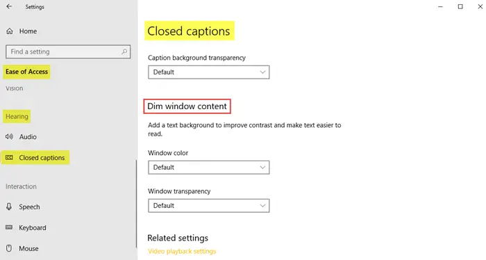 Ease of Access Settings in Windows 10