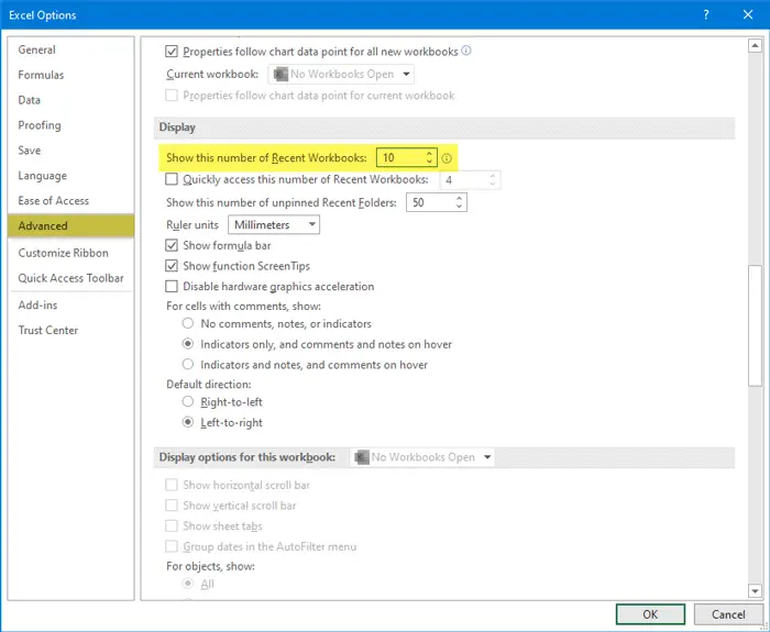 Change the number of Recent files in Word, Excel, PowerPoint