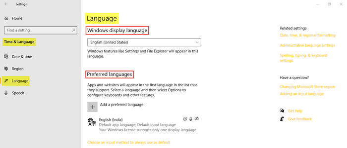 Time and Language Settings in Windows 10