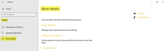 Search Settings in Windows 10