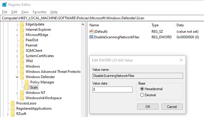 Registry method enable network scanning